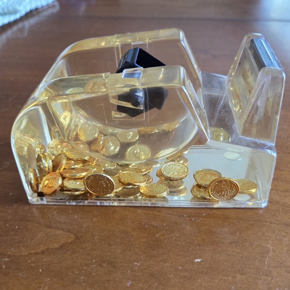 Vintage Lucite with Floating Gold Coins Tape Dispenser Paperweight Office Decor